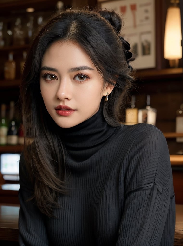 #McBane: photo of extremely sexy indonesian woman, a sexy student, closeup portrait upsweep updo, (red tight long sleeve turtleneck top), at a  bar, masterpiece, photorealistic, best quality, detailed skin, intricate, 16k, HDR, cinematic lighting, sharp focus, eyeliner, painted lips, earrings, extremely sexy seductive black eyes, perfect, pokies. 