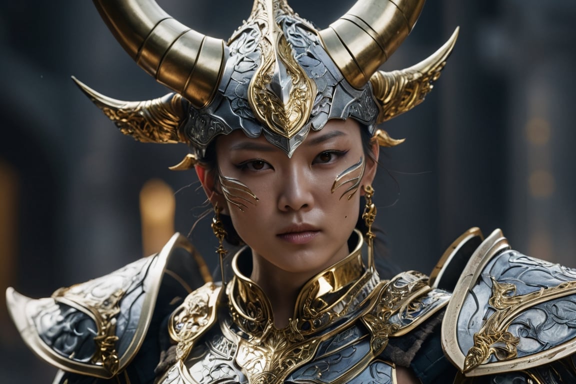 Scene movie super close-up, focus on face and armor, a high fantasy character in armor with a horn set, in the style of unreal engine 5, guo pei, strong facial expression, dark silver and gold, cinematic sets, bryan hitch, demonic photograph --ar 91:51 --v 5 --s 750 ,extremely detailed