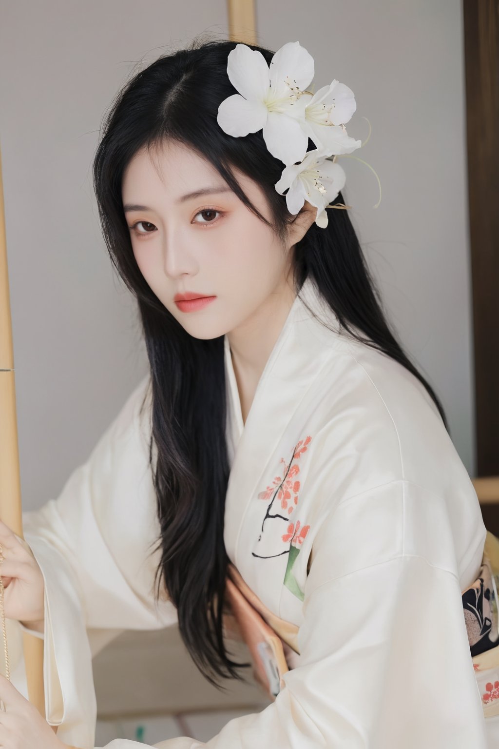 26yo hubggirl, wearing kimono, Sakura Theme,

eyeshadow, long eyelashes, (messy hair:0.6), long black hair, 

film photography aesthetic, dynamic composition, skin texture, sharp focus, hard shadows,hubggirl