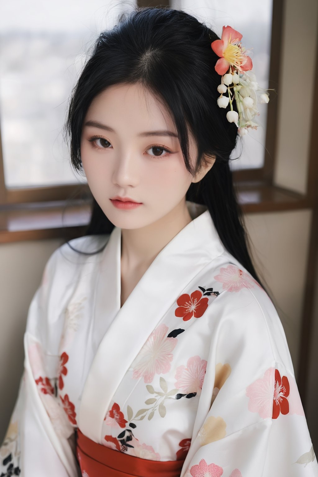 26yo hubggirl, wearing kimono, Sakura Theme,

eyeshadow, long eyelashes, (messy hair:0.6), long black hair, 

film photography aesthetic, dynamic composition, skin texture, sharp focus, hard shadows