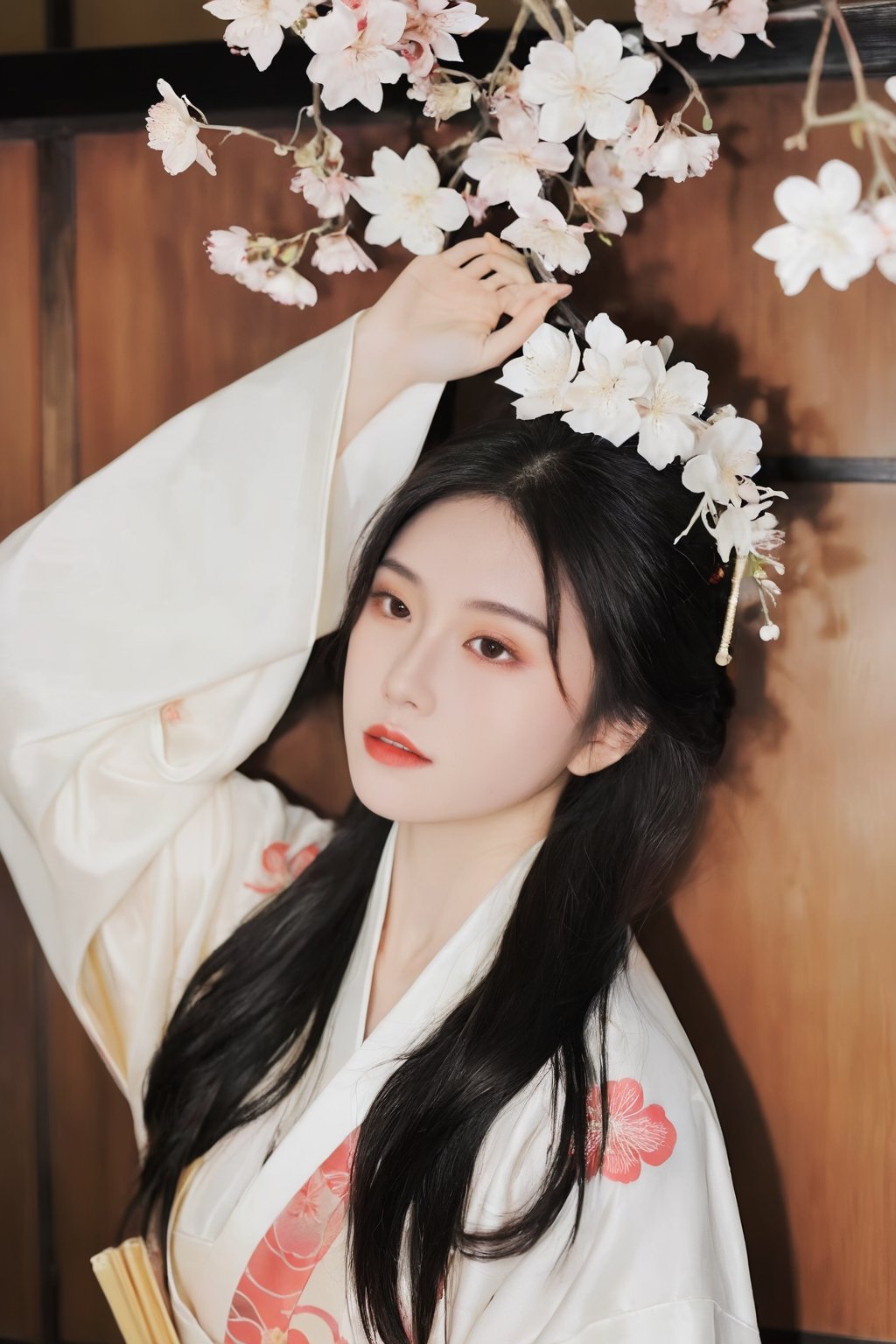 26yo hubggirl, wearing kimono, Sakura Theme,

eyeshadow, long eyelashes, (messy hair:0.6), long black hair, 

film photography aesthetic, dynamic composition, skin texture, sharp focus, hard shadows,hubggirl