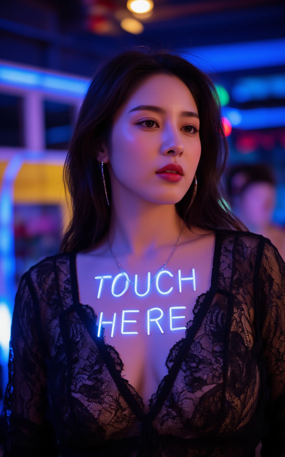 a hubgwoman with long dark hair, wearing a black lace dress, adorned with a necklace and earrings. The woman's chest is adorned with blue letters that spell out "TOUCH HERE" in a glowing light-up font. The backdrop is a vibrant blue, with a few colorful lights in the distance.