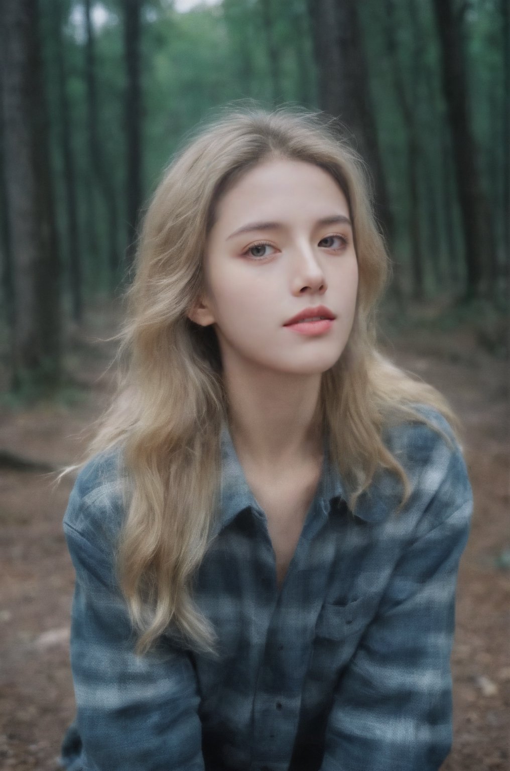 photograph of a woman, (baffled facial expression), textured skin, goosebumps, dirty blonde half-up half-down hair, oversized flannel shirt with ripped skinny jeans and combat boots, portrait, peaceful canopy walkway high above the forest floor offering a unique perspective on nature, perfect eyes, (chiaroscuro), Velvia 100 color, shot on Ilford HP5 Plus, bokeh, sharp focus on subject, shot by David Lachapelle