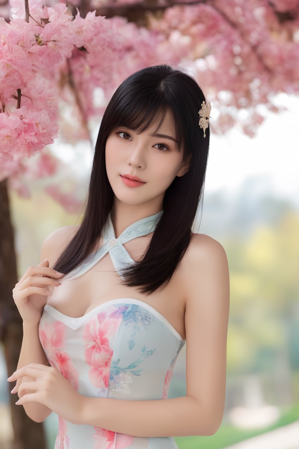 (ultra realistic,best quality),photorealistic,Extremely Realistic, in depth, cinematic light,hubggirl,

1girl, long black straight hair with bangs, looking at viewer, relaxing expression, clearly brown eyes, longfade eyebrow, soft make up, ombre lips, large breast, hourglass body, finger detailed, BREAK wearing half naked floral cheongsam, holding flower, (smeling flower), (spring season theme:1.5), windy, spring forest background detailed,

perfect lighting, vibrant colors, intricate details,
high detailed skin, pale skin,
intricate background, realism,realistic,raw,analog,portrait,photorealistic,
taken by Canon EOS,SIGMA Art Lens 35mm F1.4,ISO 200 Shutter Speed 2000,Vivid picture,hubg_mecha_girl,hubgwomen