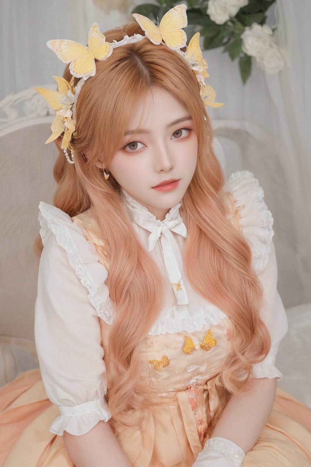 Best quality, solo, butterfly\(hubggirl)\, Peach hair, yellow eyes, dressed in peach and yellow tones, Lolita, two pairs of peach wings