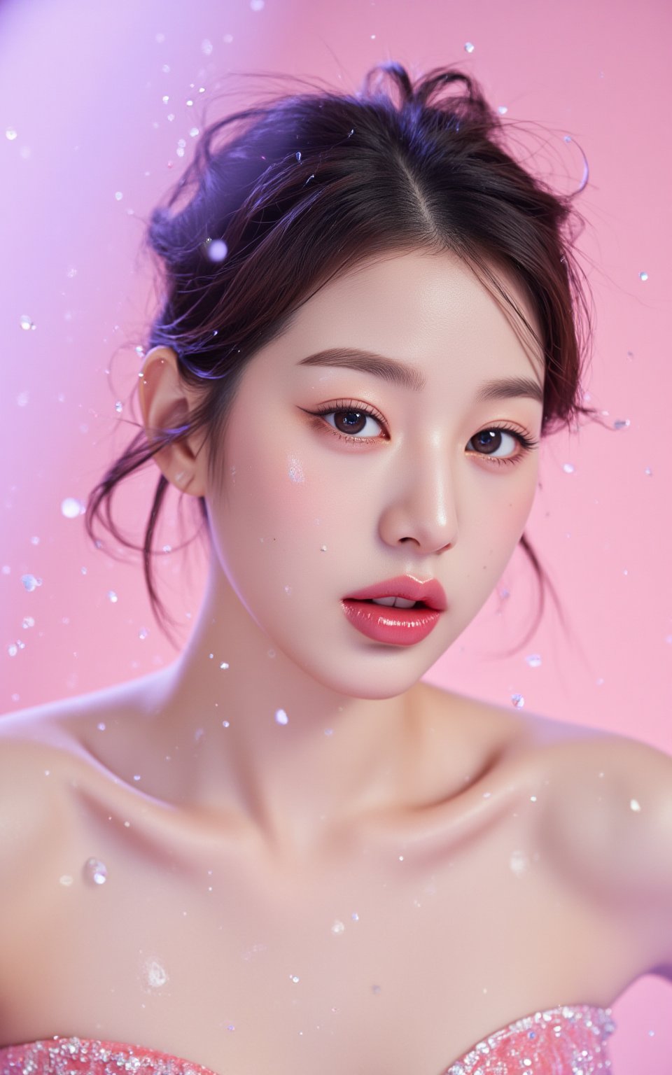 photorealistic,portrait of hubggirl, A South Korean K-pop girl with full body shot, 
The beautiful girl's gaze pierces through the frame, her bright, big, and vivid eyes sparkling with a fearless intensity. Her upper body is clothed in luxurious attire, shimmering with intricate details that seem to dance across her skin. Water droplets glisten on the light pink gradient background, refracting subtle hints of pink and purple. Tiny ink drops suspended in mid-air add an air of mystique, as delicate light particles swirl around her, infusing the atmosphere with a sense of wonder.