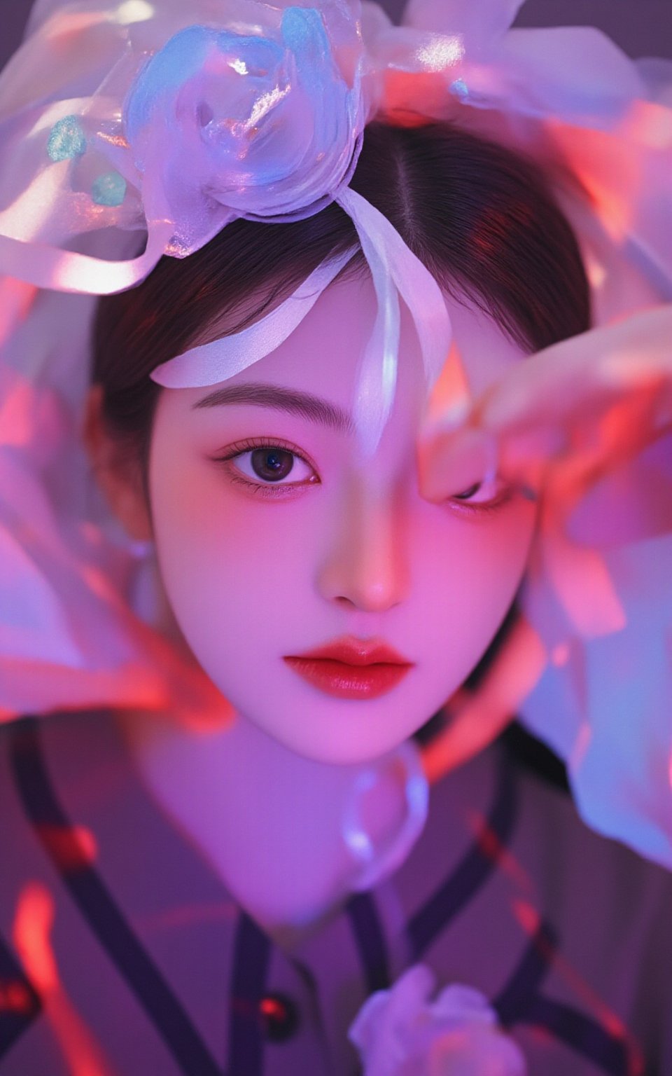 A stunning masterpiece! In a studio setting, a 21-year-old woman dressed in a Prada school uniform and elegant makeup with pink eyeshadow gazes directly at the viewer. Her gaze is enhanced by subtle side lighting, creating a sense of depth and dimensionality. The background is simple yet effective, allowing the subject to take center stage. The atmosphere is electric, with vibrant and colorful LED lights surrounding her, evoking the excitement of a nightclub setting. The wide-angle lens captures a dynamic composition, featuring detailed textures and a classy aesthetic that exudes confidence and sophistication, as if she's ready to hit the dance floor.