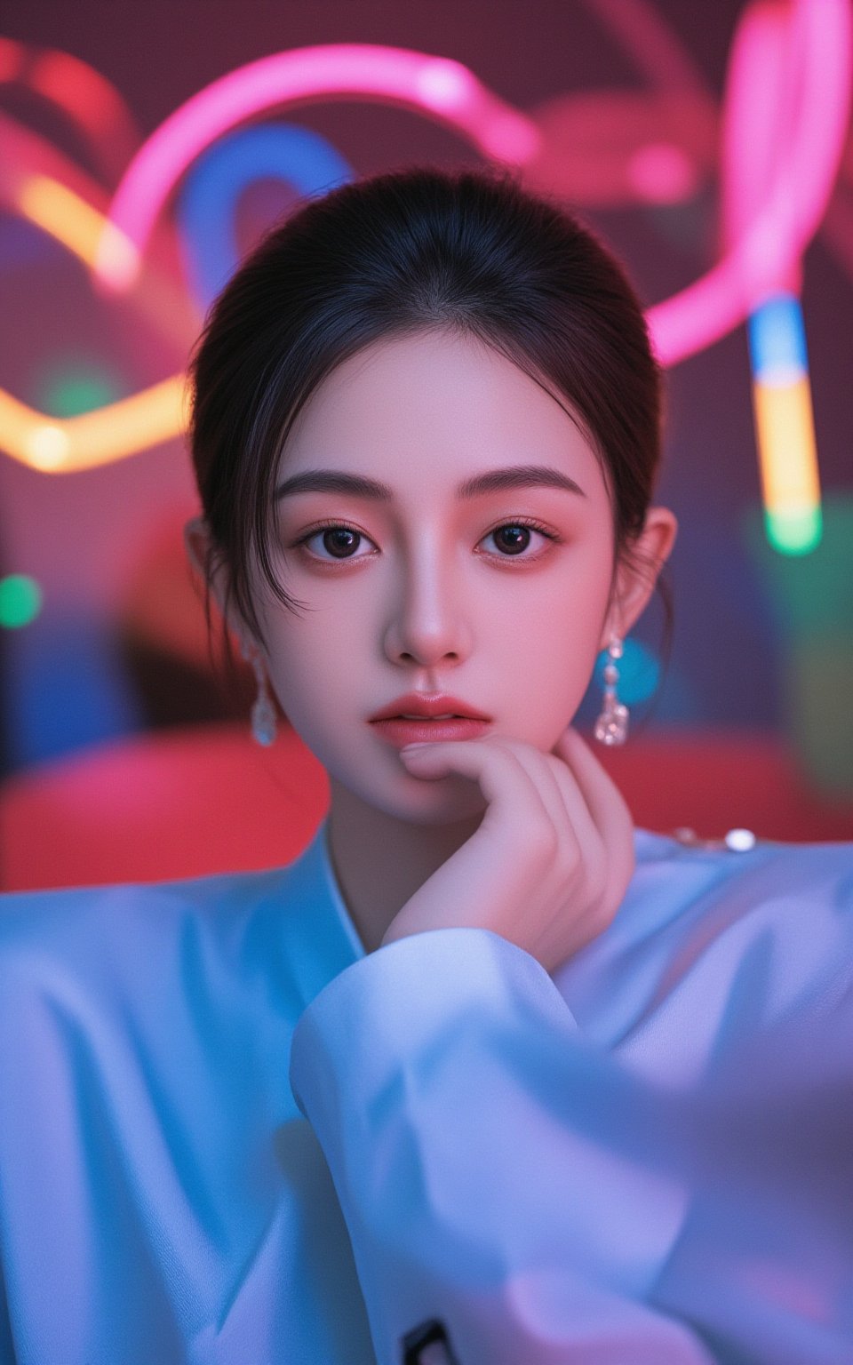 A stunning masterpiece! In a studio setting, a 21-year-old woman dressed in a Prada school uniform and elegant makeup with pink eyeshadow gazes directly at the viewer. Her gaze is enhanced by subtle side lighting, creating a sense of depth and dimensionality. The background is simple yet effective, allowing the subject to take center stage. The atmosphere is electric, with vibrant and colorful LED lights surrounding her, evoking the excitement of a nightclub setting. The wide-angle lens captures a dynamic composition, featuring detailed textures and a classy aesthetic that exudes confidence and sophistication, as if she's ready to hit the dance floor.