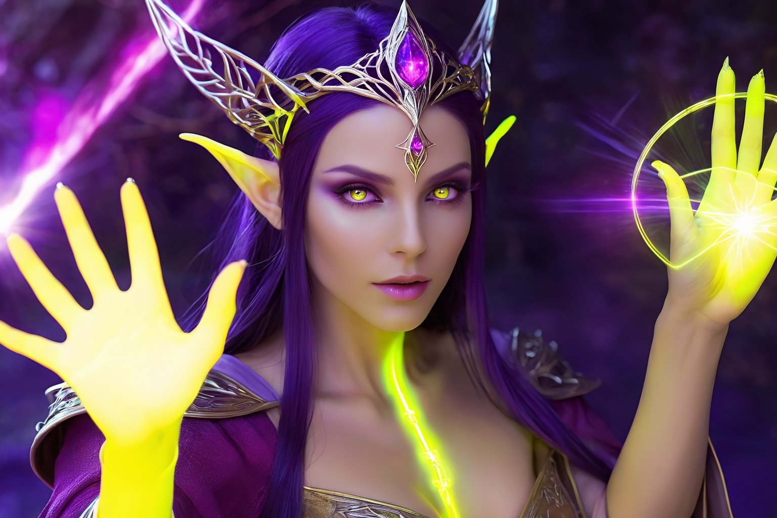 This beautiful elven sorceress whose laser eyes glow neon yellow, glowing purple spell energy in her hand