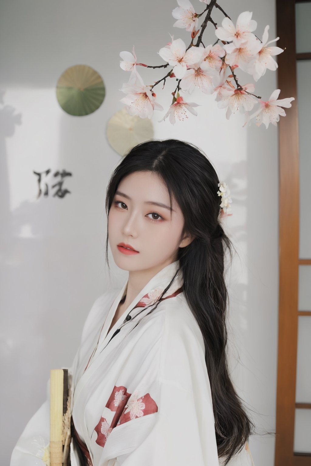 26yo hubggirl, wearing kimono, Sakura Theme,

eyeshadow, long eyelashes, (messy hair:0.6), long black hair, 

film photography aesthetic, dynamic composition, skin texture, sharp focus, hard shadows,hubggirl