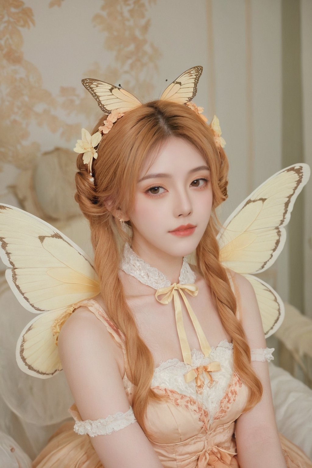 Best quality, solo, butterfly\(hubggirl)\, butterfly wings, antennae, neck fur, Peach hair, yellow eyes, dressed in peach and yellow tones, Lolita, two pairs of peach wings