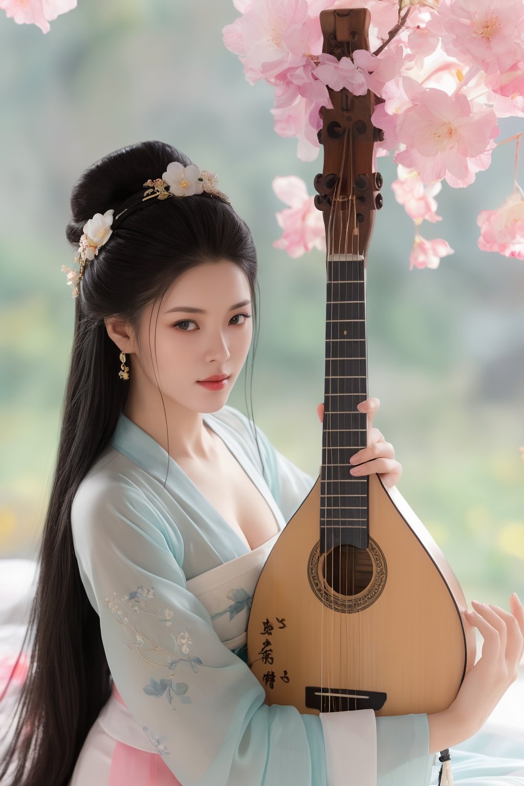 (ultra realistic,best quality),photorealistic,Extremely Realistic, in depth, cinematic light,hubggirl,

1girl, solo, big breasts, black long hair, dress, cleavage, flower, playing instrument, holding instrument, hanfu, lute \(instrument\),


perfect lighting, vibrant colors, intricate details,
high detailed skin, pale skin,
intricate background, realism,realistic,raw,analog,portrait,photorealistic,
taken by Canon EOS,SIGMA Art Lens 35mm F1.4,ISO 200 Shutter Speed 2000,Vivid picture,