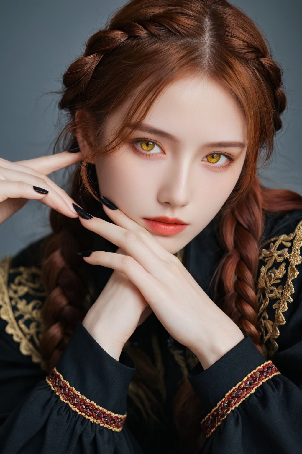 (ultra realistic,best quality),photorealistic,Extremely Realistic,in depth,cinematic light,hubggirl,

BREAK

stunning anime portrait of a red-haired girl with intense yellow eyes, close-up view, intricate hand details, braided hair, dark clothing, strong light and shadow contrasts, black nails, 17 years old, 

BREAK

dynamic poses, particle effects, perfect hands, perfect lighting, vibrant colors, intricate details, high detailed skin, intricate background, realistic, raw, analog, taken by Sony Alpha 7R IV, Zeiss Otus 85mm F1.4, ISO 100 Shutter Speed 1/400, Vivid picture, More Reasonable Details