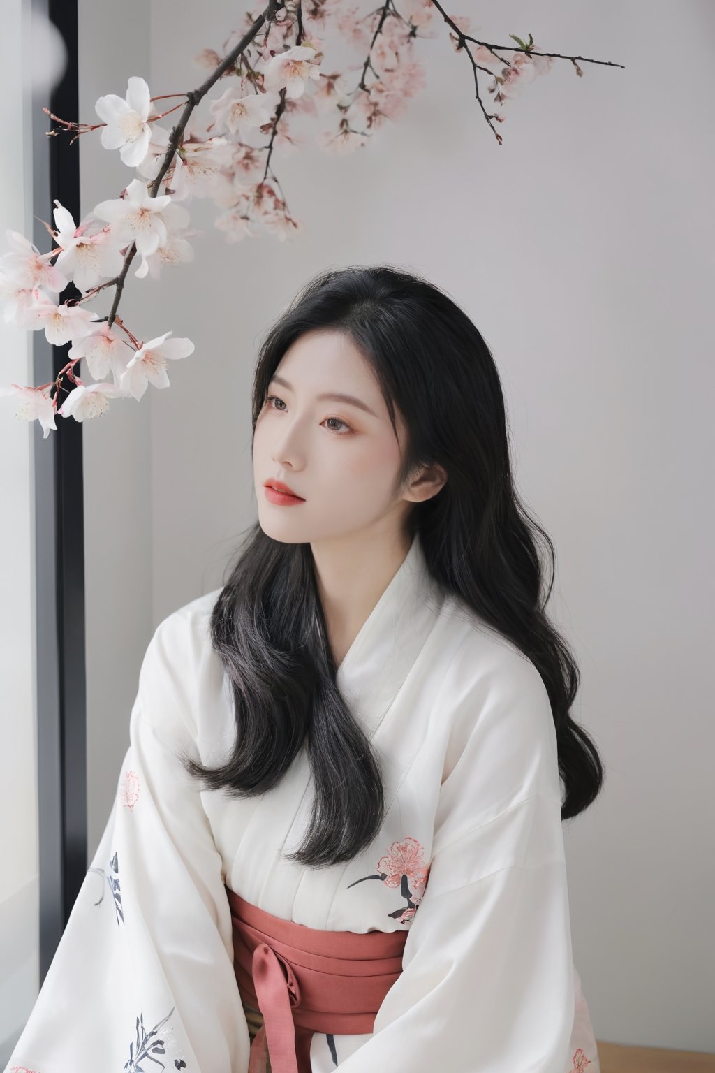 26yo hubggirl, wearing kimono, Sakura Theme,

eyeshadow, long eyelashes, (messy hair:0.6), long black hair, 

film photography aesthetic, dynamic composition, skin texture, sharp focus, hard shadows,hubggirl