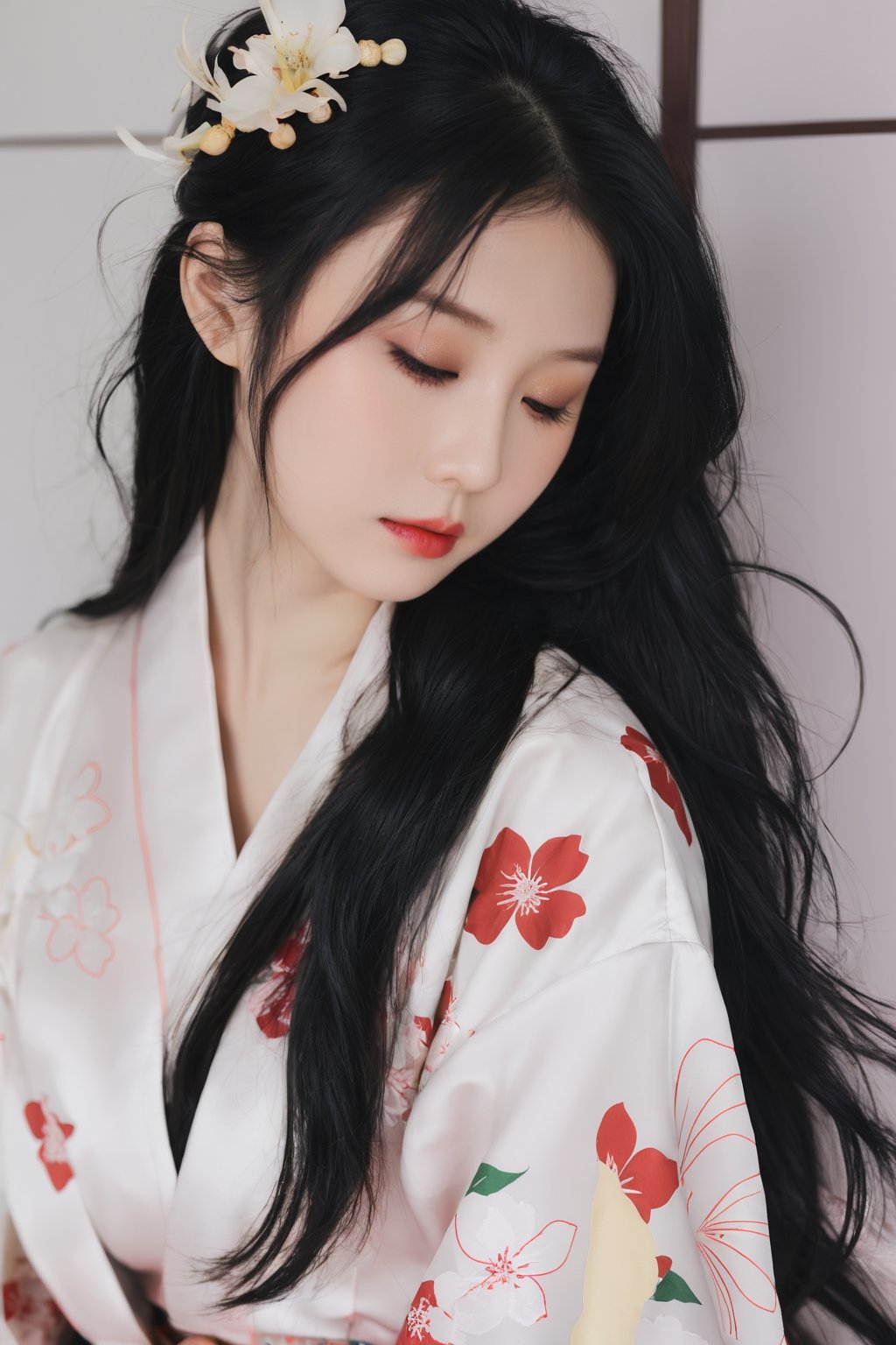 26yo hubggirl, wearing kimono, Sakura Theme,

eyeshadow, long eyelashes, (messy hair:0.6), long black hair, 

film photography aesthetic, dynamic composition, skin texture, sharp focus, hard shadows