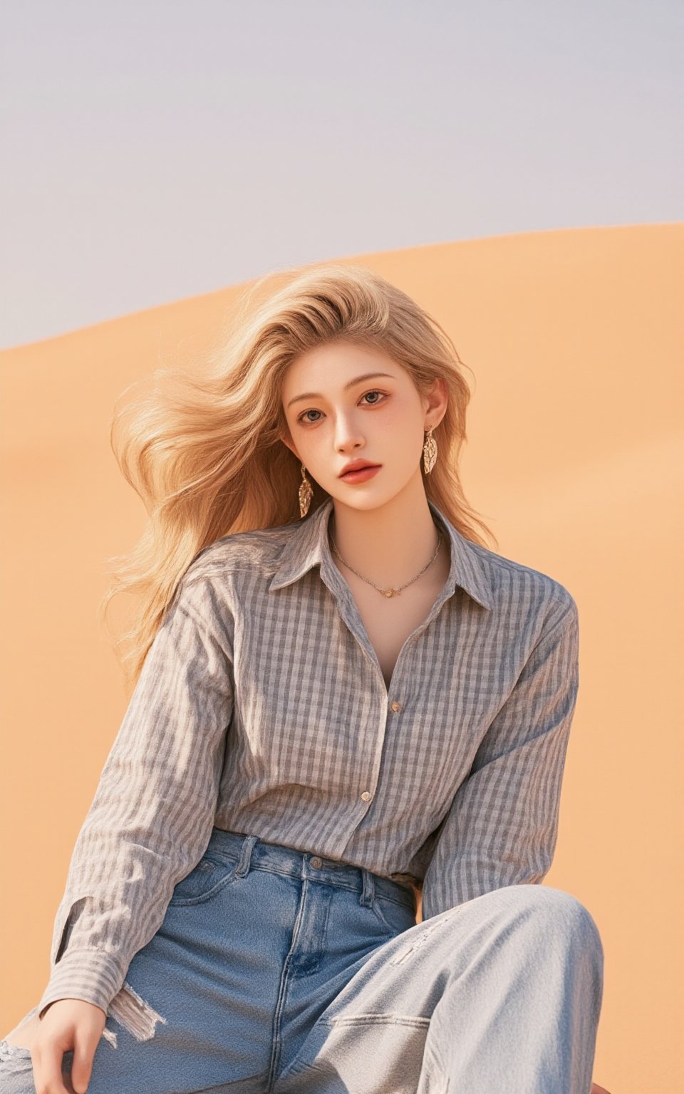 A stunning blonde fashion model, her very long curly hair cascading down her back, sits majestically in a vast desert landscape. She wears a crisp checked shirt and distressed blue jeans, accented by a delicate necklace, elegant earrings, and trendy sunglasses. The golden sunlight casts a warm glow on her porcelain skin as she gazes directly at the camera, her sharp-focused eyes radiating confidence and poise. In the background, the endless dunes of sand stretch out in perfect harmony with the model's dynamic pose, creating a visually stunning cowboy-inspired shot.