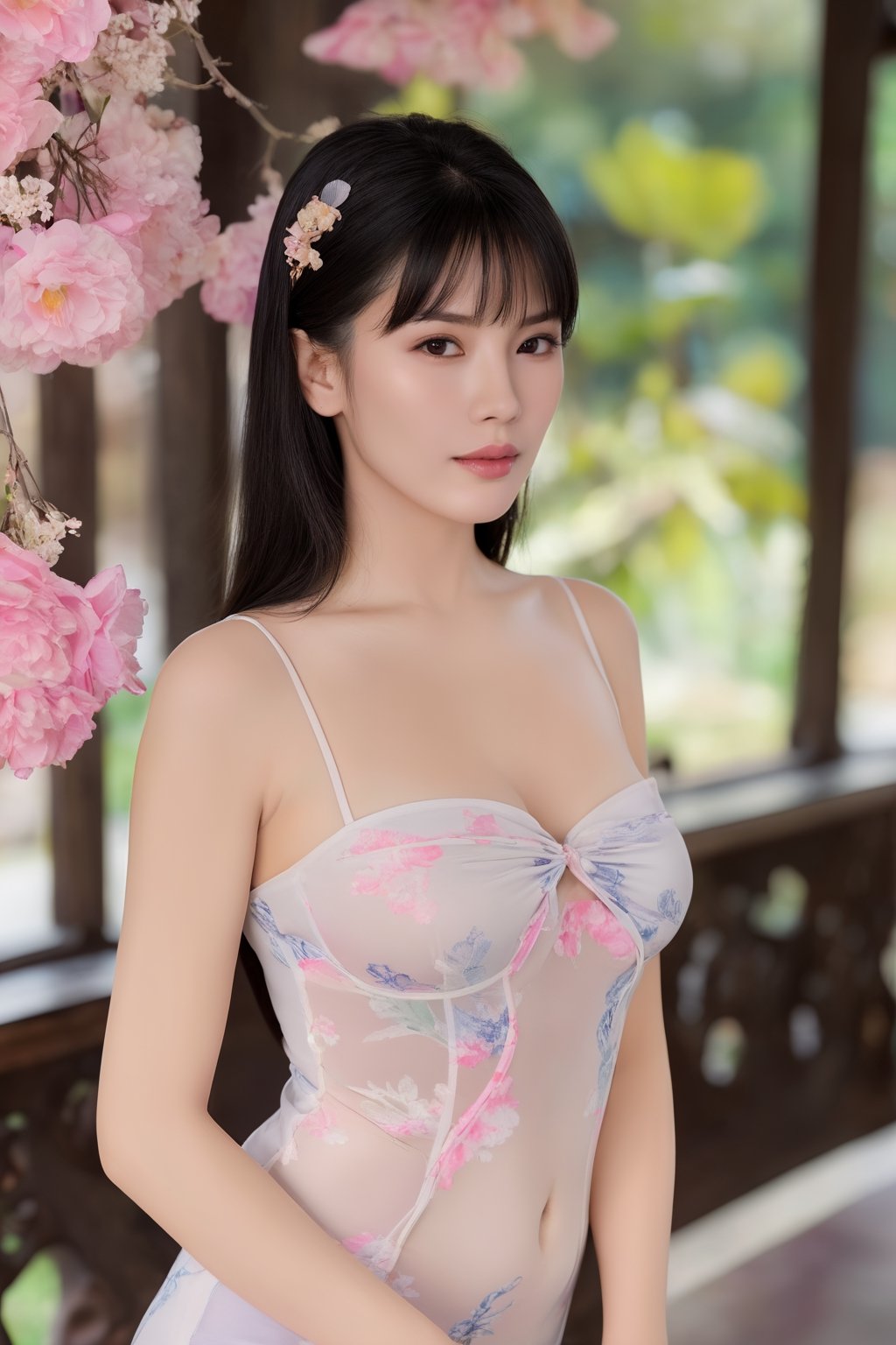 (ultra realistic,best quality),photorealistic,Extremely Realistic, in depth, cinematic light,hubggirl,

1girl, long black straight hair with bangs, looking at viewer, relaxing expression, clearly brown eyes, longfade eyebrow, soft make up, ombre lips, large breast, hourglass body, finger detailed, BREAK wearing half naked floral cheongsam, holding flower, (smeling flower), (spring season theme:1.5), windy, spring forest background detailed,

perfect lighting, vibrant colors, intricate details,
high detailed skin, pale skin,
intricate background, realism,realistic,raw,analog,portrait,photorealistic,
taken by Canon EOS,SIGMA Art Lens 35mm F1.4,ISO 200 Shutter Speed 2000,Vivid picture,hubg_mecha_girl,hubgwomen
