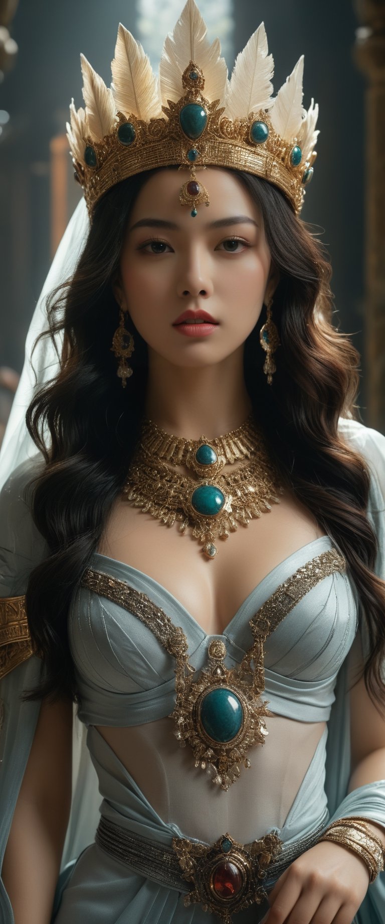 breathtaking ethereal RAW photo of female ((Sumerian Goddess with full regalia, including a majestic crown, an elaborate necklace, a sturdy breastplate, a luxurious robe, bracelets on her wrists and ankles, intricate earrings, and the garment of ladyship.
 )), dark and moody style, perfect face, outstretched perfect hands . masterpiece, professional, award-winning, intricate details, ultra high detailed, 64k, dramatic light, volumetric light, dynamic lighting, Epic, splash art .. ), by james jean $, roby dwi antono $, ross tran $. francis bacon $, michal mraz $, adrian ghenie $, petra cortright $, gerhard richter $, takato yamamoto $, ashley wood, tense atmospheric, , , , sooyaaa,IMGFIX,Comic Book-Style,Movie Aesthetic,action shot,photo r3al,bad quality image,oil painting, cinematic moviemaker style,Japan Vibes,H effect,koh_yunjung ,koh_yunjung,kwon-nara,sooyaaa,colorful,bones,skulls,armor,han-hyoju-xl
,DonMn1ghtm4reXL,hubg_mecha_girl