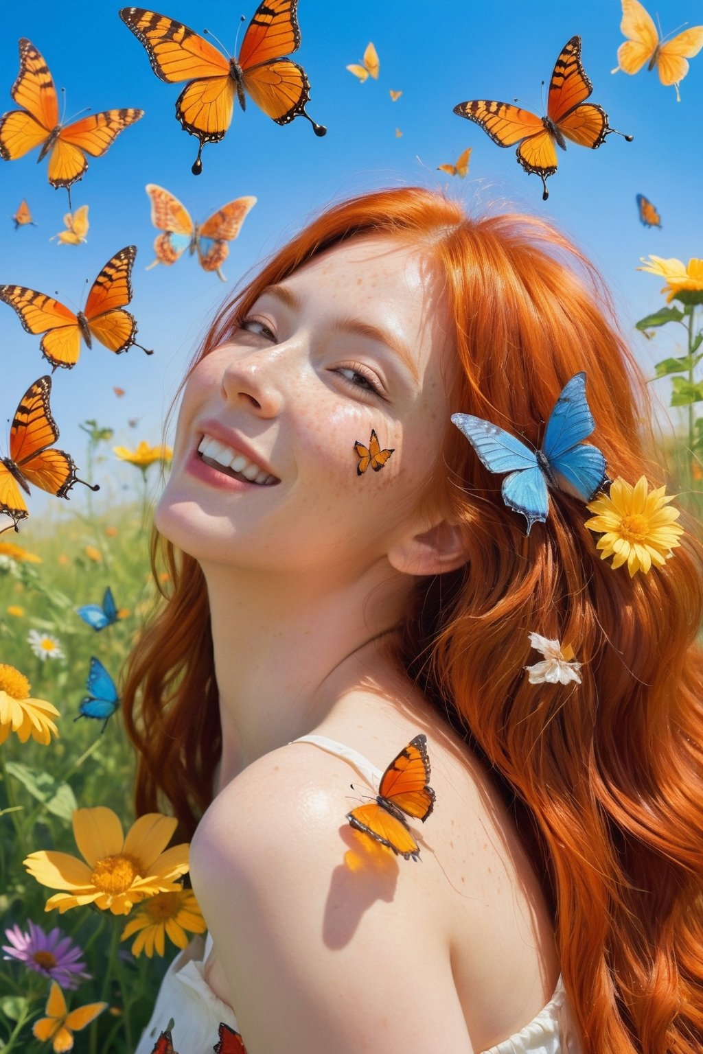 butterfly\(hubggirl)\,Imagine a joyful portrait of a woman with freckles and fiery red hair. Let her laugh as she interacts playfully with butterflies fluttering around her in a sun-dappled meadow. Depict the joy and wonder on her face, and the vibrant colors of the flowers and butterflies