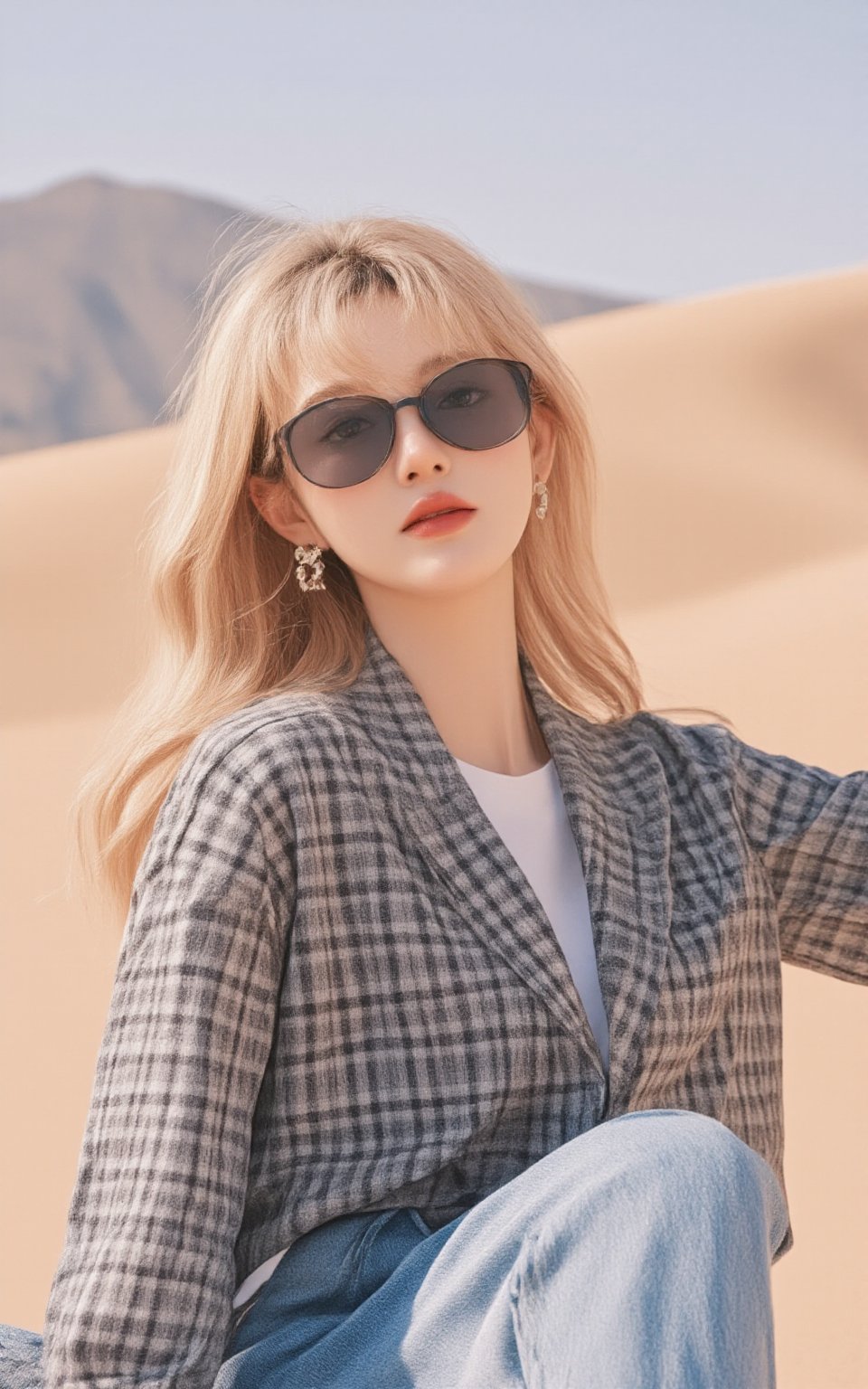 ashion catalog style,beautiful girl,fashion model, blonde hair(very long hair, curly_hair),wearing checked shirt and blue jeans,accessories(necklace,ear_rings,sunglasses),sitting in a desert,Best Quality, 32k, photorealistic, ultra-detailed, finely detailed, high resolution, perfect dynamic composition, beautiful detailed eyes, sharp-focus, cowboy_shot,