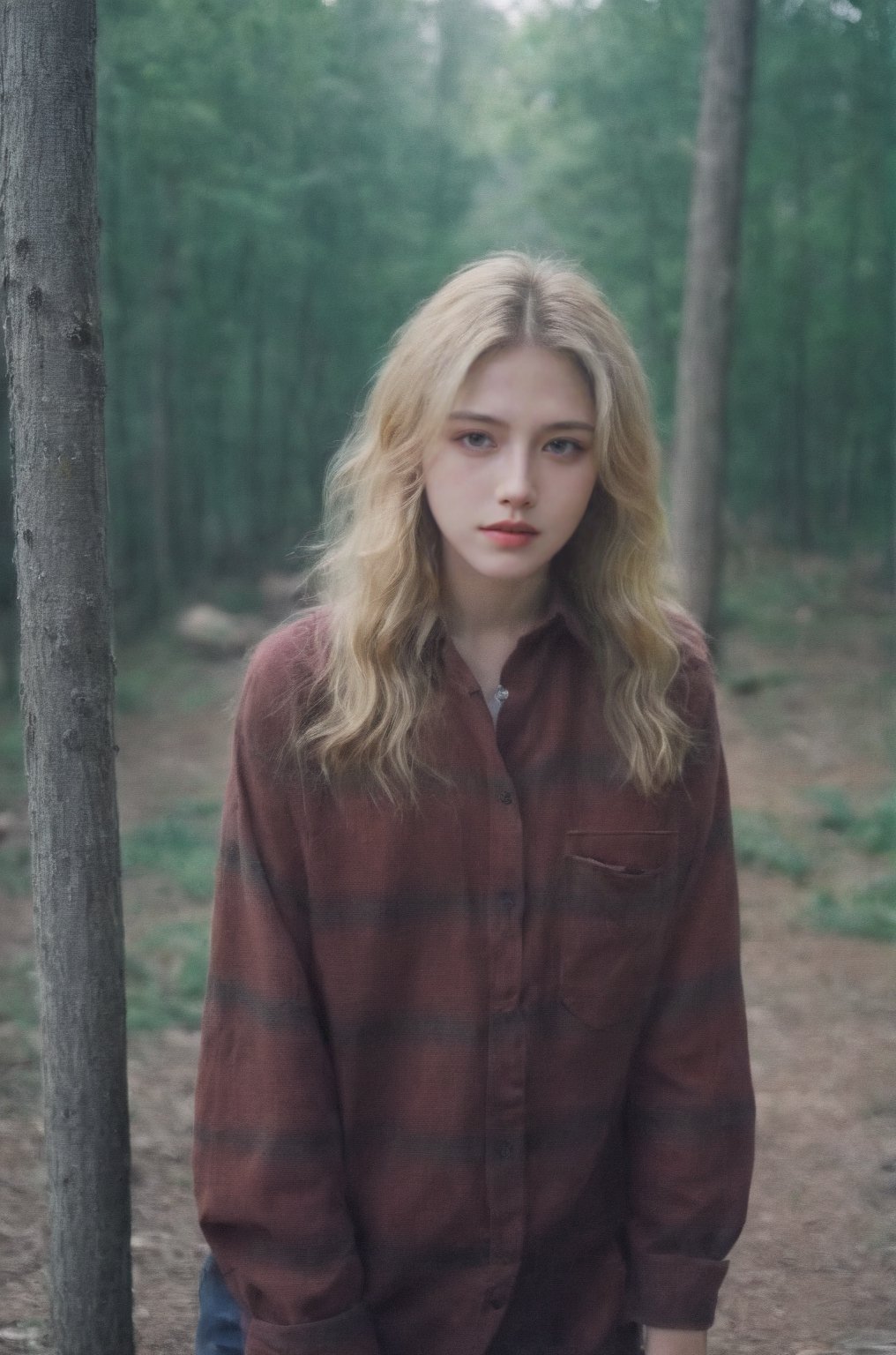 photograph of a woman, (baffled facial expression), textured skin, goosebumps, dirty blonde half-up half-down hair, oversized flannel shirt with ripped skinny jeans and combat boots, portrait, peaceful canopy walkway high above the forest floor offering a unique perspective on nature, perfect eyes, (chiaroscuro), Velvia 100 color, shot on Ilford HP5 Plus, bokeh, sharp focus on subject, shot by David Lachapelle