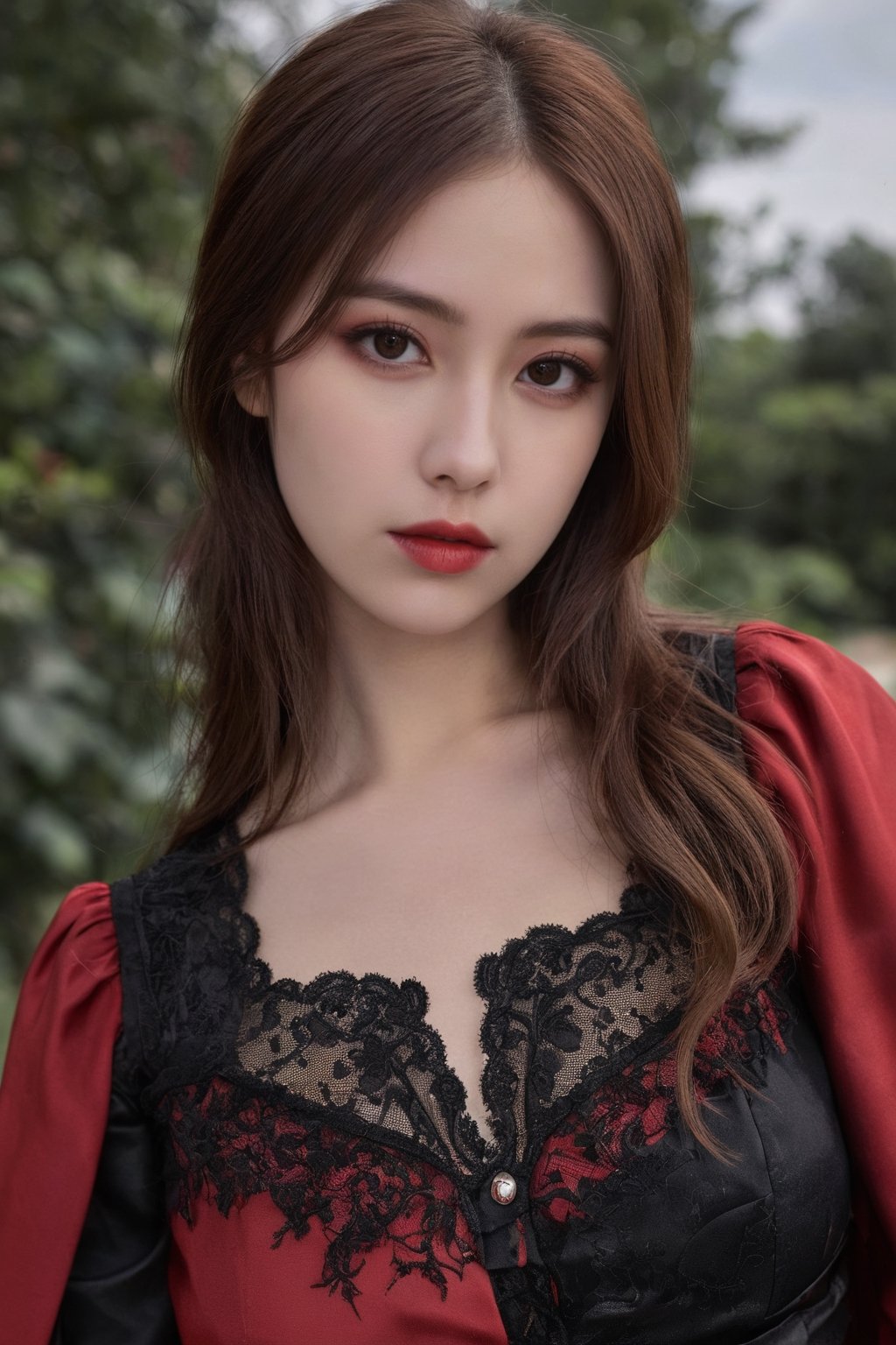 (ultra realistic,best quality),photorealistic,Extremely Realistic, in depth, cinematic light,hubggirl,

1girl, professional photoshot, red and black gothic clothing, beautiful model, very detailed brown hair, incredibly detailed red eyes, elegant and aesthetic pose, very detailed outfit, 