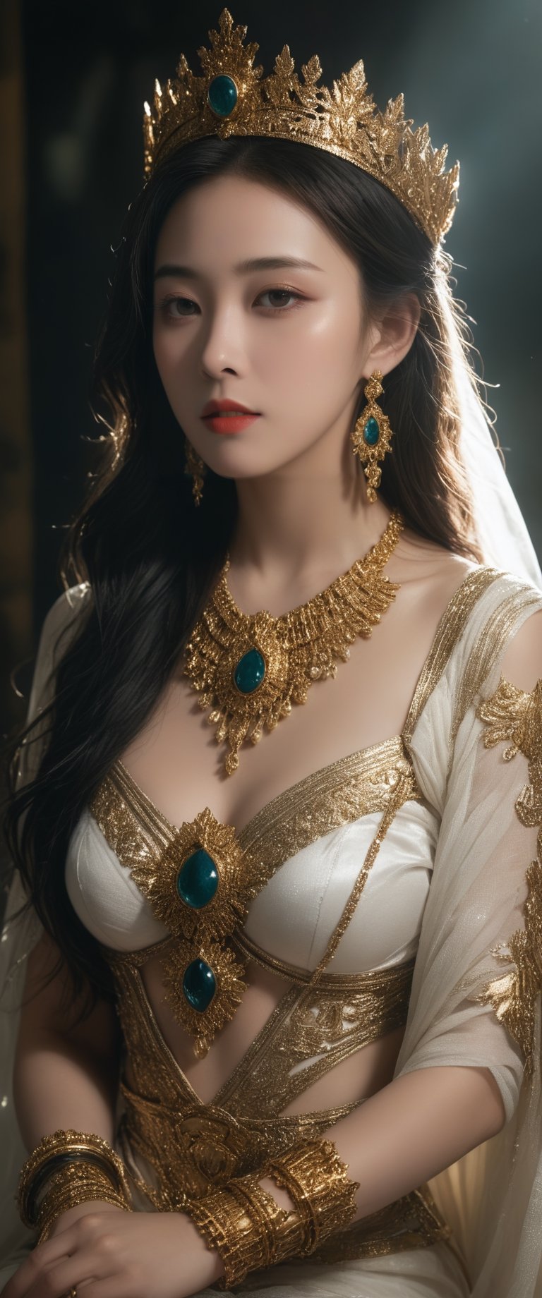 breathtaking ethereal RAW photo of female ((Sumerian Goddess with full regalia, including a majestic crown, an elaborate necklace, a sturdy breastplate, a luxurious robe, bracelets on her wrists and ankles, intricate earrings, and the garment of ladyship.
 )), dark and moody style, perfect face, outstretched perfect hands . masterpiece, professional, award-winning, intricate details, ultra high detailed, 64k, dramatic light, volumetric light, dynamic lighting, Epic, splash art .. ), by james jean $, roby dwi antono $, ross tran $. francis bacon $, michal mraz $, adrian ghenie $, petra cortright $, gerhard richter $, takato yamamoto $, ashley wood, tense atmospheric, , , , sooyaaa,IMGFIX,Comic Book-Style,Movie Aesthetic,action shot,photo r3al,bad quality image,oil painting, cinematic moviemaker style,Japan Vibes,H effect,koh_yunjung ,koh_yunjung,kwon-nara,sooyaaa,colorful,bones,skulls,armor,han-hyoju-xl
,DonMn1ghtm4reXL,hubg_mecha_girl,hubggirl