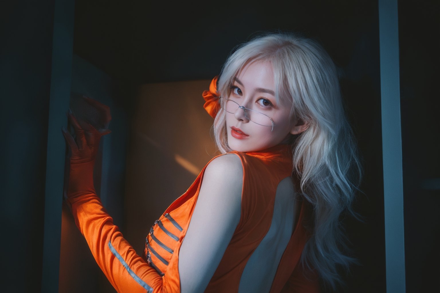  Masterpiece,high quality,(solo:1.2),((hubggirl)),(((human skeleton | girl))),(white hair:0.3),cinematic light,orange clothes,detailed environment,1girl,solo,reflection,upper body,sunlight,(White hair:1.2),very long hair,wide sleeves,Deep photo,depth of field,shadows,messy hair,seductive silhouette play,dark,nighttime,dark photo,grainy,dimly lit,bangs,Cinematic Lighting,Tyndall effect,abstract background,vibrant colors,modern style,artistic,dynamic composition,unique patterns,bold textures,colorful,lively,youthful,energetic,creative,expressive,stylish,trendy,white_marble_glowing_skin,hubgwomen