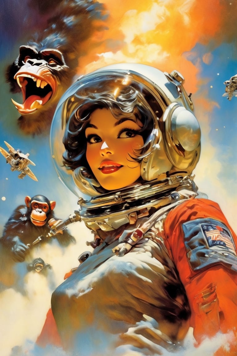 art by Masamune Shirow, art by J.C. Leyendecker, a masterpiece, stunning beauty, perfect face, laughing with open mouyj, full-body, hyper-realistic oil painting, vibrant colors, a human astronaut body with a smiling chimps head inside space helmet,floating in space,reaching for a tattoo machine,neon nebula in the background, frank frazetta ,art by sargent,Oil painting of Mona Lisaperfect resolution,((best quality)),((perfect anatomy)),((in the style of a band poster:1.4)),Leaf,Leonardo Style,fr4z3tt4 