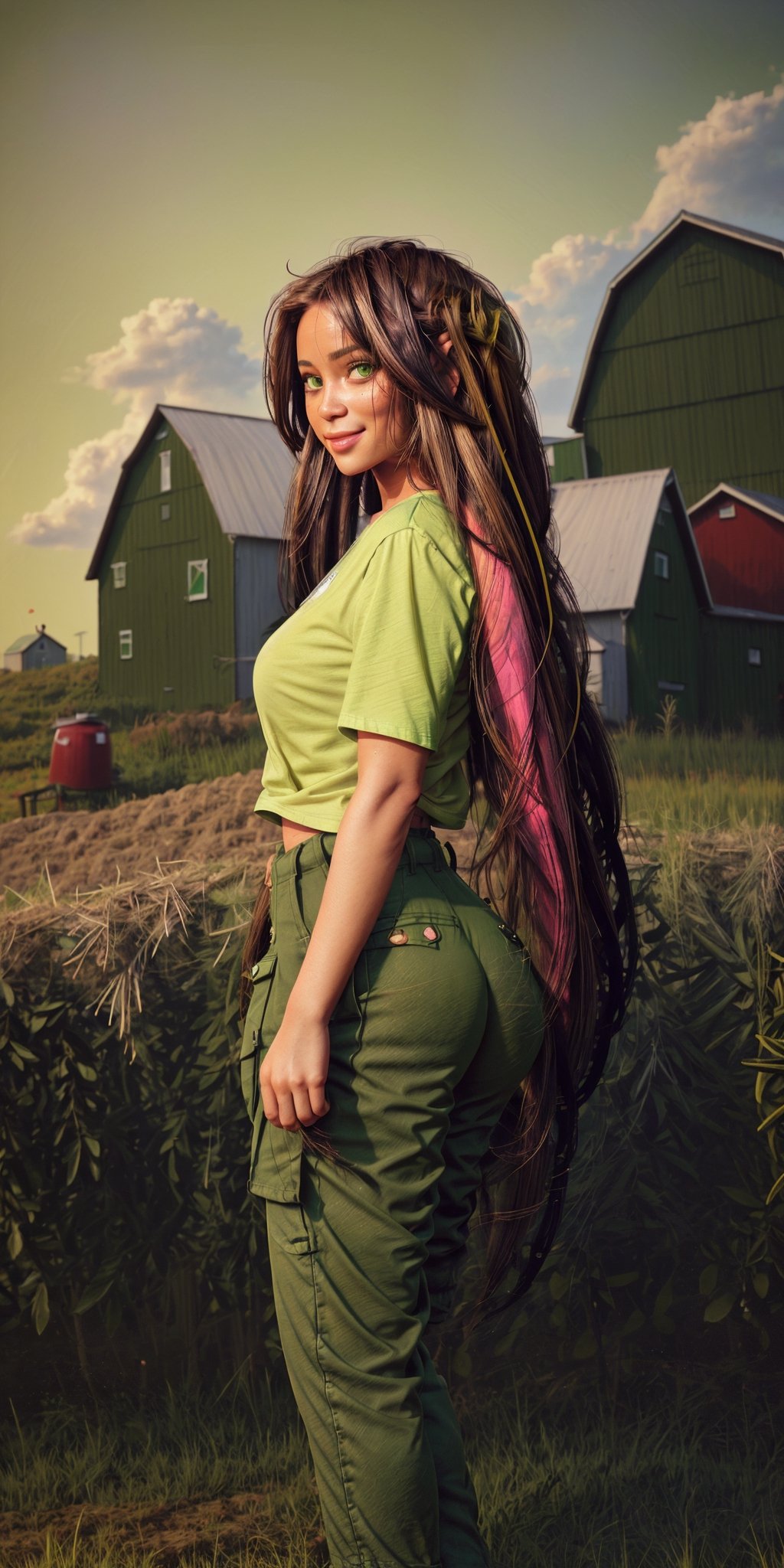 1girl,
photorealistic,
High resolution, very detailed, sharp focus. 8k. Photorealistic.
Full length portrait. Feeds are visible on the photo.
20-years-old farm girl pointing to the camera.
((casual sexy pose)).
((front side view)).
(((wearing farmer's outfit, colorful green t-shirt, olive-colored workman's trousers with many pockets))),
Dress,
((Farm house in the background)).
Very sweet and a charming smile on her face.
Beautiful face with big eyes and long curly hair.
Dark green eyes.
(((Beautiful body with wide hips and a narrow waist))).
Ears covered by hair.
Ears not visible.
(((Long bushy hairstyle))).
(((Bushy mane-like hairstyle))).