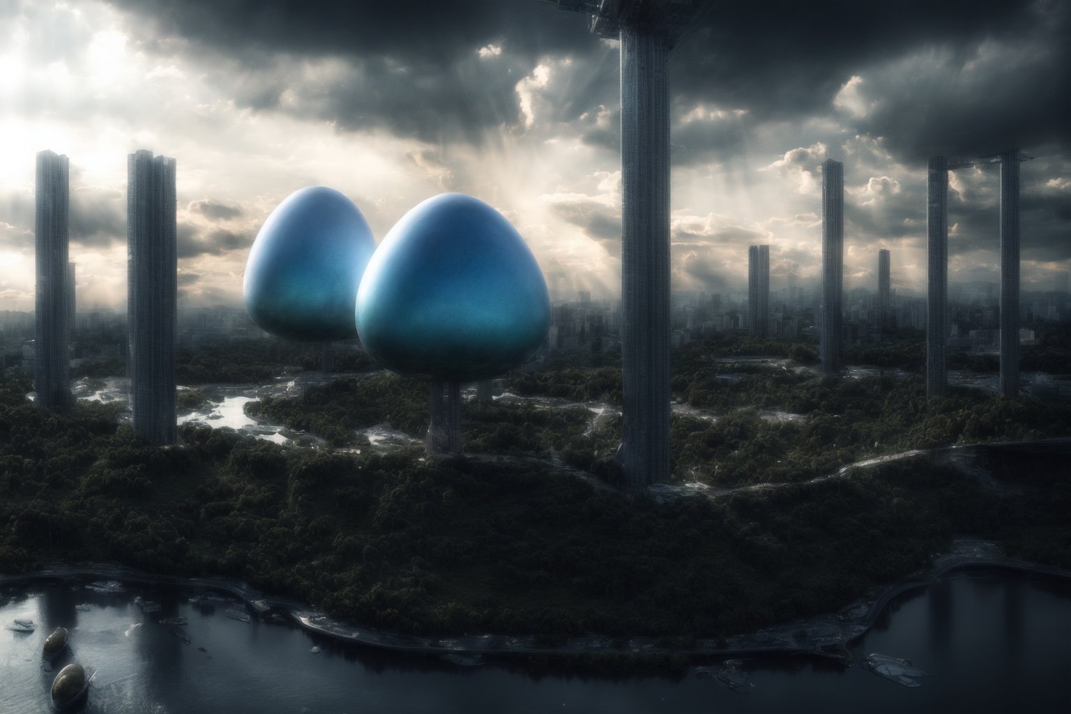 bright_daylight,
((dark_clouds)),


futuristic_city,
science_fiction_scene,
space_ships,
((((close-up)_of_a_single_energy-efficient_building_shaped_like_an_easter_egg))),
organically_shaped_buildings,
jungle,
exotic_plants,
(river),





photorealistic,
Hyper Realistic,

(masterpiece),
High_resolution, very_detailed, sharp_focus, 8k.,SD 1.5,
bird 's-eye view
