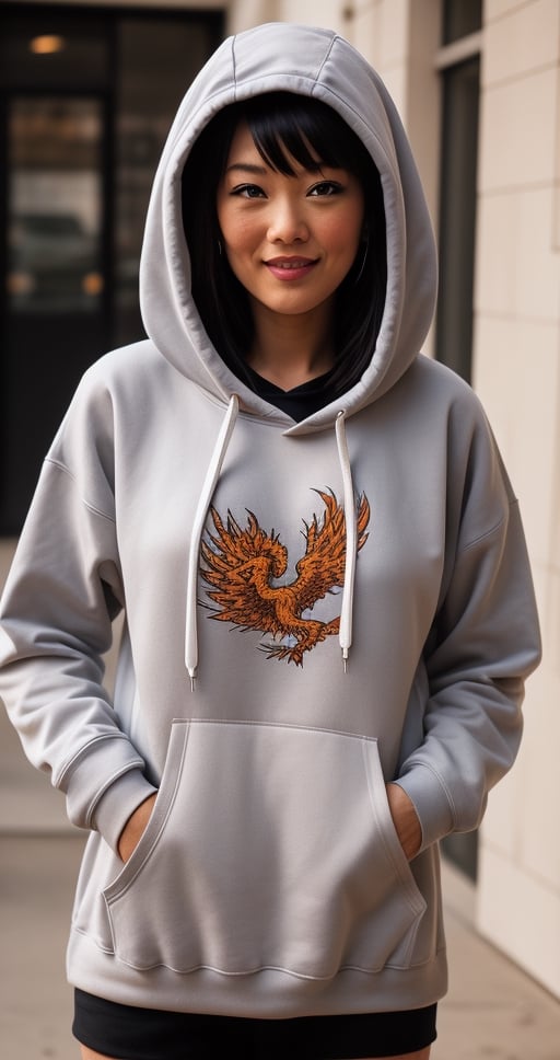 wearing hoodie with a phoenix print face covered
