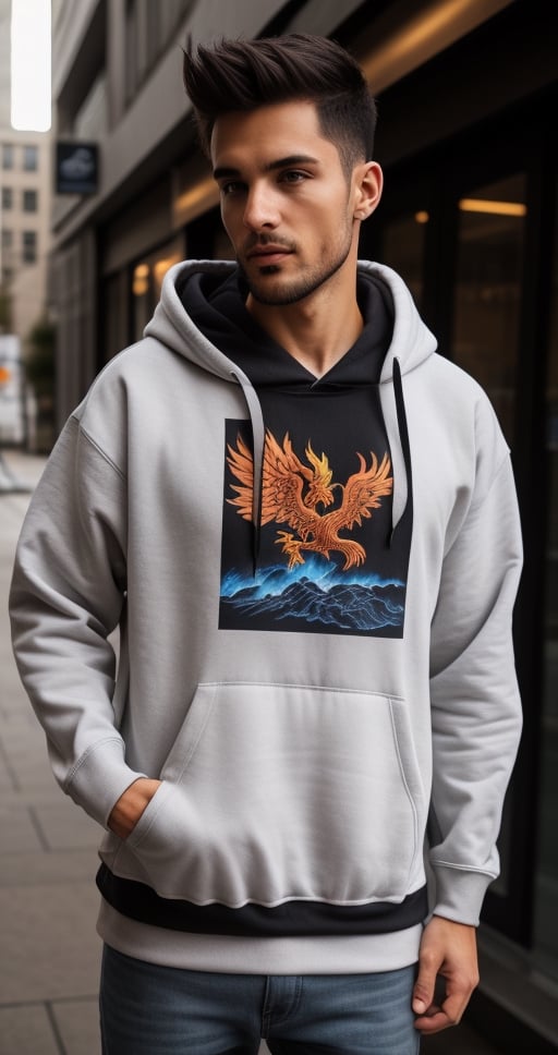 wearing hoodie with a phoenix print face covered
male