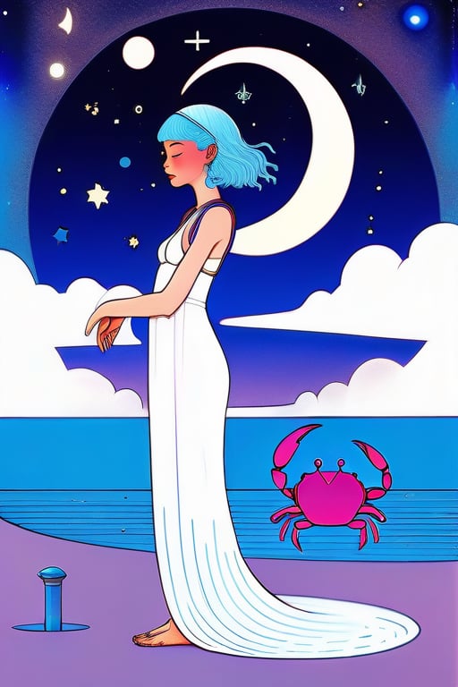A striking Moebius-style illustration featuring a young girl with blue hair, representing the zodiac sign Cancer. She is depicted with a crab-inspired headdress and a soft, flowing dress. Surrounding her are various elements of Cancer symbolism, including water, a crescent moon, and a starry sky. The overall color palette is a mix of cool blues and purples, creating a serene and calming atmosphere., illustration
  The artwork is inspired by the iconic Moebius style, with a combination of fluid lines and vivid colors that create a sense of timelessness and wonder.,  The overall composition is fluid and dreamy, evoking a sense of elegance and surrealism., conceptual art