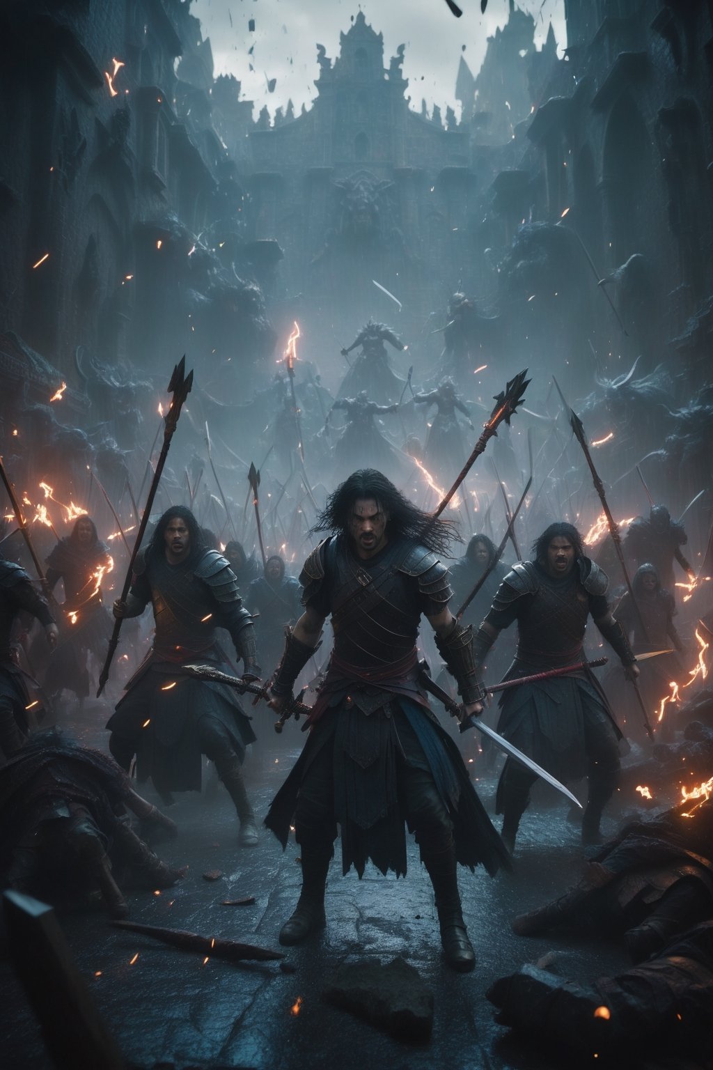 A striking cinematic illustration set in a dark fantasy world. The main focus is a group of diverse warriors, each with their unique and vibrant attire, charging through a chaotic barricade. Fire and lightning erupt in the background, adding to the dramatic and intense atmosphere. Swords, arrows, and spells clash in the air as the warriors battle against a mysterious and ominous force. The overall color palette is dark and moody, with splashes of vibrant colors, creating a conceptual and immersive experience., dark fantasy, illustration, poster, conceptual art, cinematic, vibrant