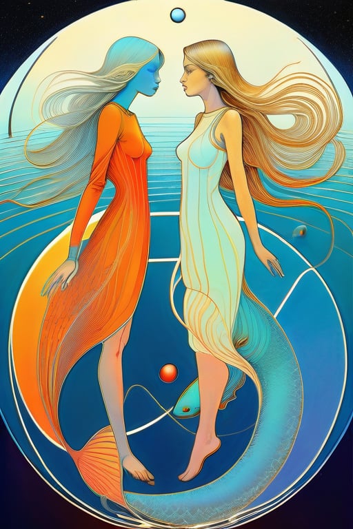 representation of zodiac pisces,two beautiful girl one girl with long blond and another with short brown hairs, illustration, Moebius style
  The artwork is inspired by the iconic Moebius style, with a combination of fluid lines and vivid colors that create a sense of timelessness and wonder.,  The overall composition is fluid and dreamy, evoking a sense of elegance and surrealism., conceptual art