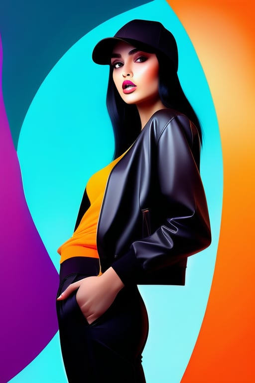 girl sexy dons black pants and a sports jacket, her shortblack hair cap complementing her long hair that frames her expressive, big, black eyes.. This vibrant, lively scene fuses fashion, illustration, , creating a dynamic poster or promotional material, perfect for portrait photography with a blend of typography and vivid colors., fashionThe background is a blend of warm, golden tones, creating a surreal and mystical atmosphere., illustrationThe artwork is inspired by the iconic Moebius style, with a combination of fluid lines and vivid colors that create a sense of timelessness and wonder.,  The overall composition is fluid and dreamy, evoking a sense of elegance and surrealism.
