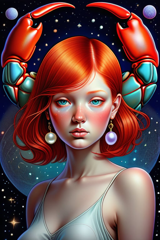 A captivating illustration of Cancer, the zodiac sign, depicted as a stunning girl with short red hair. She has adorable, plump features, and is adorned with various symbols representing Cancer, such as a crab, a pearl, and a crescent moon. 
  The artwork is inspired by the iconic Moebius style, with a combination of fluid lines and vivid colors that create a sense of timelessness and wonder.,  The overall composition is fluid and dreamy, evoking a sense of elegance and surrealism., conceptual art