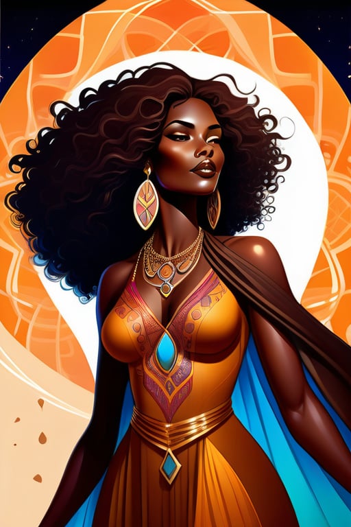 A stunning, full-color illustration of a confident and exotic woman, known as the 'Brown Sugar Woman'. She has rich, dark skin, luscious curly hair, and adorns herself with vibrant, radiant jewelry. Her outfit consists of a flowing dark brown dress with intricate patterns, accompanied by a shimmering cape. The background is a blend of warm, golden tones, creating a surreal and mystical atmosphere., illustrationThe artwork is inspired by the iconic Moebius style, with a combination of fluid lines and vivid colors that create a sense of timelessness and wonder.,  The overall composition is fluid and dreamy, evoking a sense of elegance and surrealism.