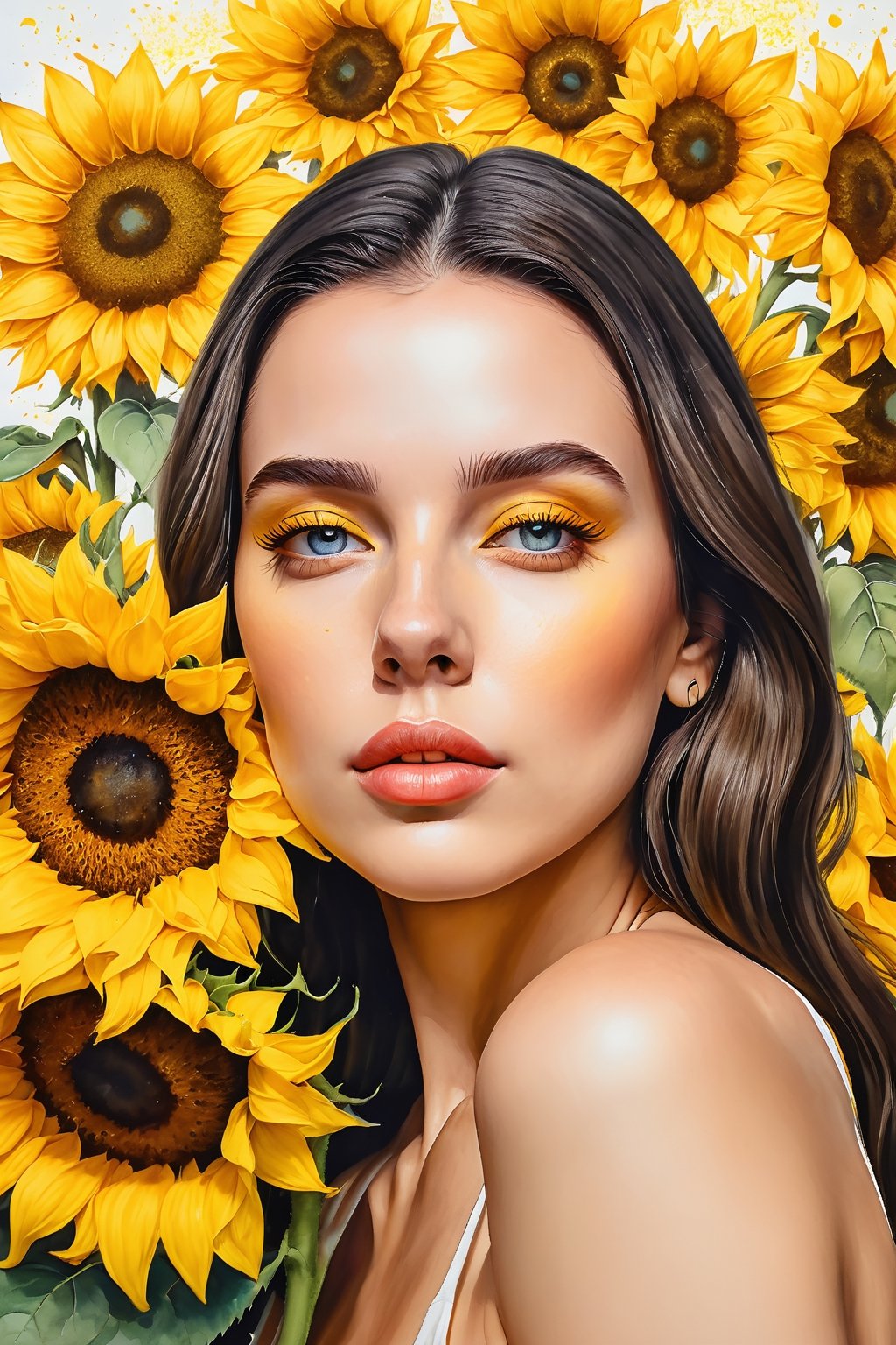 lana rhoades, SelectiveColorStyle yellow, 2colorpop, ink stained wash painting. A woman with her eyes closed. Sunflowers. Best quality with insane detail and sharp focus, masterpiece, professional, award-winning, exquisite detailed, highly detailed, UHD, 64k, soft look