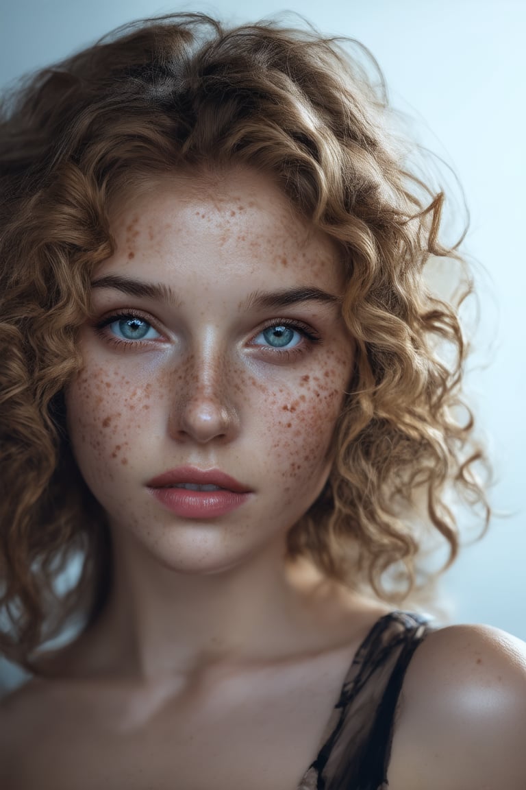 a photo portrait of a beautiful girl with curls and lots of freckles, (dirty blonde hair), (detailed blue eyes), (face portrait:1.5), dramatic light, Rembrandt lighting scheme, (hyperrealism:1.2), (8K UHD:1.2), (photorealistic:1.2), shot with Canon EOS 5D Mark IV, detailed face, detailed hair, modern glasess