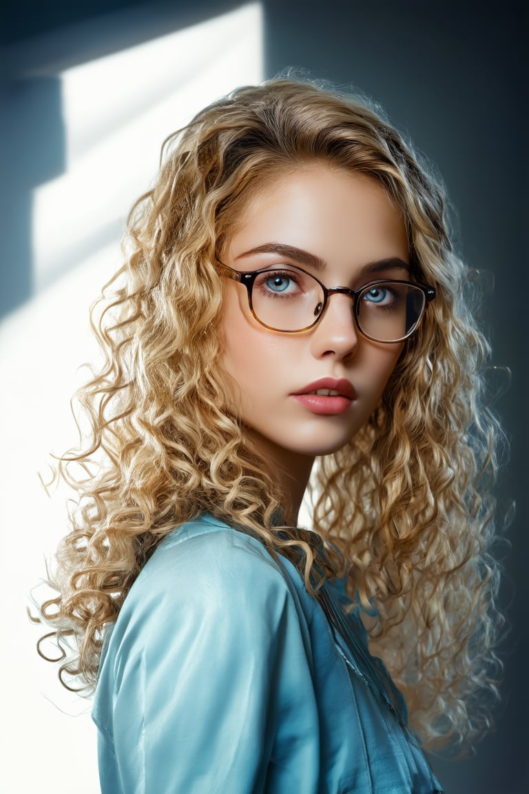 a photo portrait of a beautiful girl with curls, (dirty blonde hair), (detailed blue eyes), (face portrait:1.5), dramatic light, Rembrandt lighting scheme, (hyperrealism:1.2), (8K UHD:1.2), (photorealistic:1.2), shot with Canon EOS 5D Mark IV, detailed face, detailed hair, modern glasess, wearing glasses