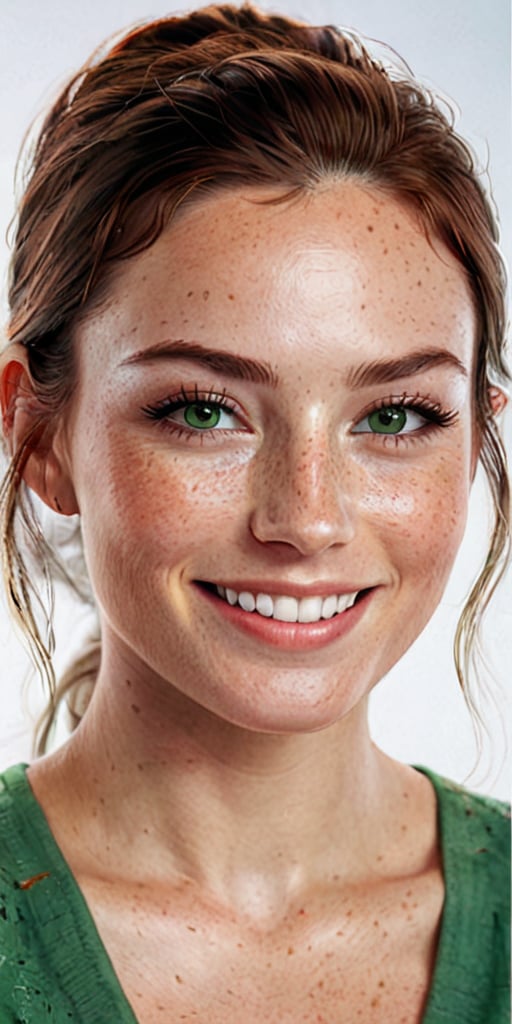 Generate hyper realistic image of a woman with a radiant smile that lights up her face, her high cheekbones dusted with freckles, and her deep-set green eyes full of warmth and kindness.