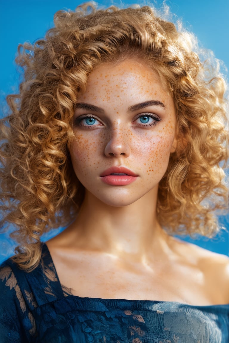 a photo portrait of a beautiful girl with curls and lots of freckles, (dirty blonde hair), (detailed blue eyes), (face portrait:1.5), dramatic light, Rembrandt lighting scheme, (hyperrealism:1.2), (8K UHD:1.2), (photorealistic:1.2), shot with Canon EOS 5D Mark IV, detailed face, detailed hair, modern glasess