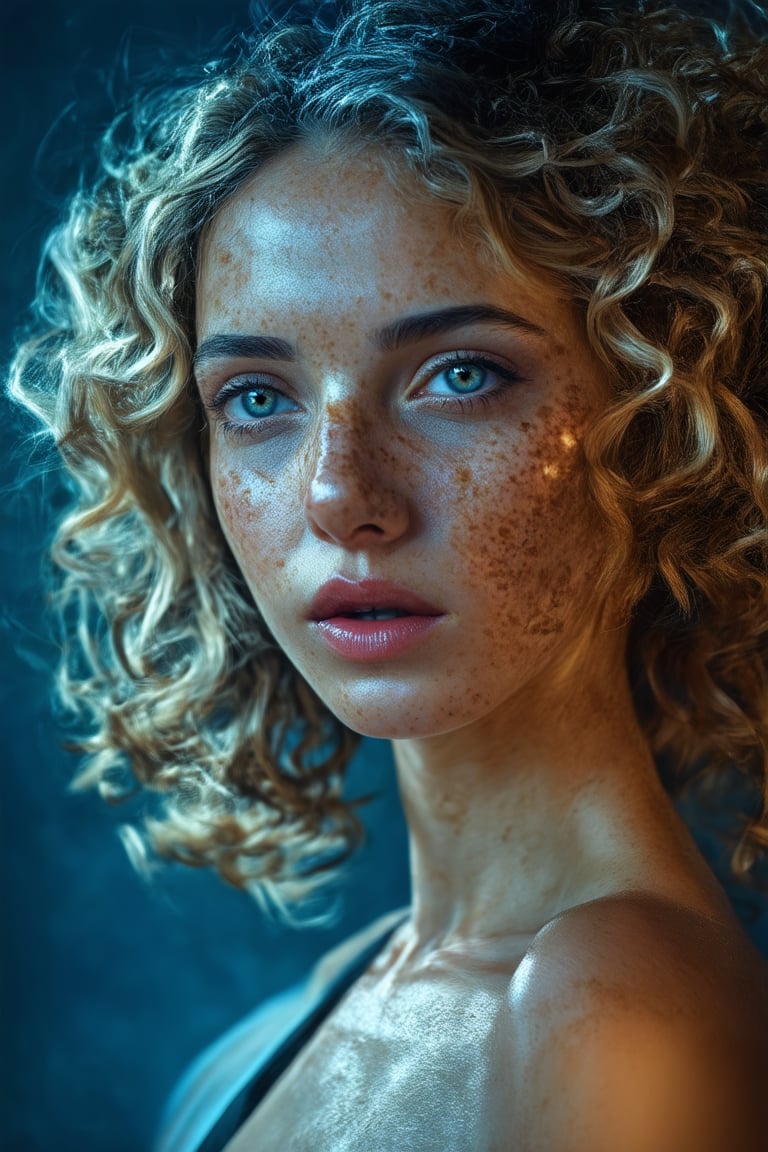 a photo portrait of a beautiful girl with curls and lots of freckles, (dirty blonde hair), (detailed blue eyes), (face portrait:1.5), dramatic light, Rembrandt lighting scheme, (hyperrealism:1.2), (8K UHD:1.2), (photorealistic:1.2), shot with Canon EOS 5D Mark IV, detailed face, detailed hair, modern glasess