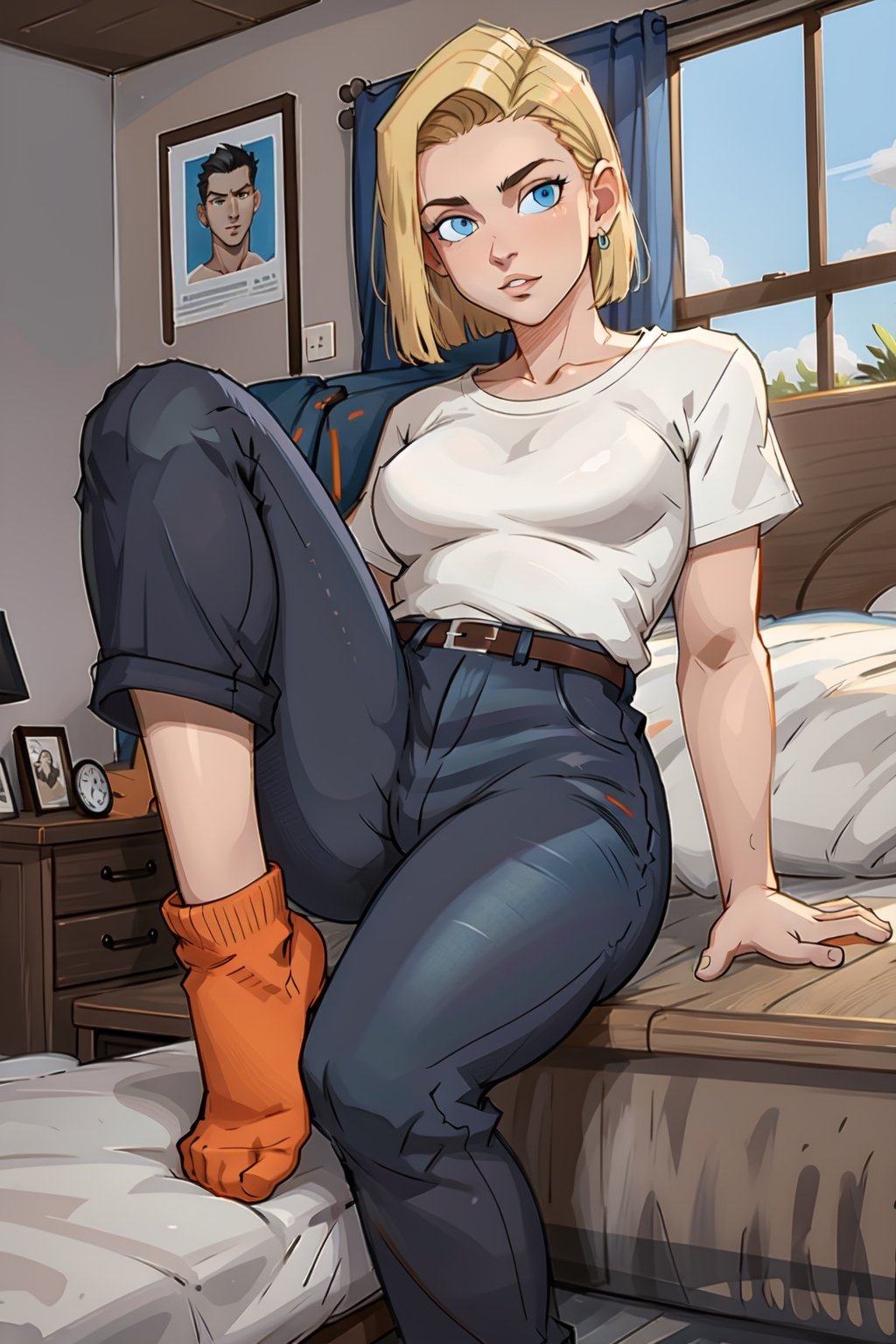 A 20year old girl that has a curvy body, blue eyes:1.2, full lips, blonde hair, short hair, straight_hair, bangs, full-body_portrait, black and white shirt, jeans pants, high detailed. Perfect generator hands, orange socks, in her room, perfect generator legs, perfect arms, perfect feet,Android_18_DB,and18