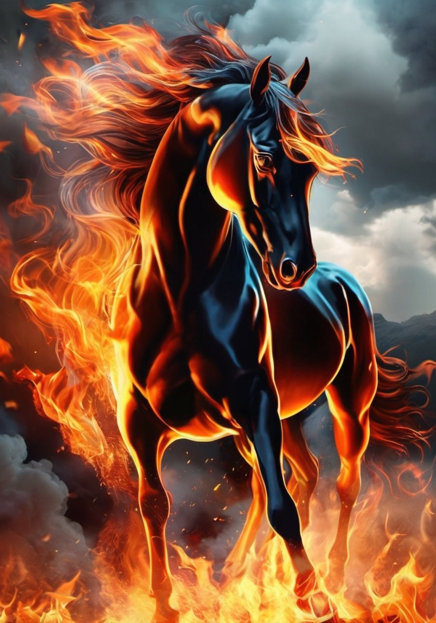 (Masterpiece, high quality, best quality, official art, beauty and aesthetics:1.2),(fire element:1.1),composed of fire elements,black horse,flame skin,flame print,fiery hair,smoke,cloud,(1girl:1.2),fire element