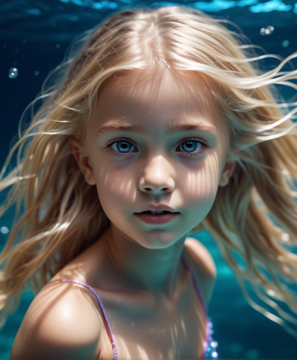 little_girl 10-year-old, mermaid, flowing blonde hair, naked, viewed from above, looking into the camera, dramatic light, flash, ultra - realistic wind machine, she is very detailed in 8K