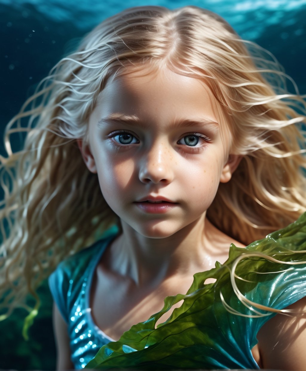 little_girl 10-year-old, mermaid, flowing blonde hair wrapped in seaweed, viewed from above, looking into the camera, dramatic light, flash, ultra - realistic wind machine, she is very detailed in 8K