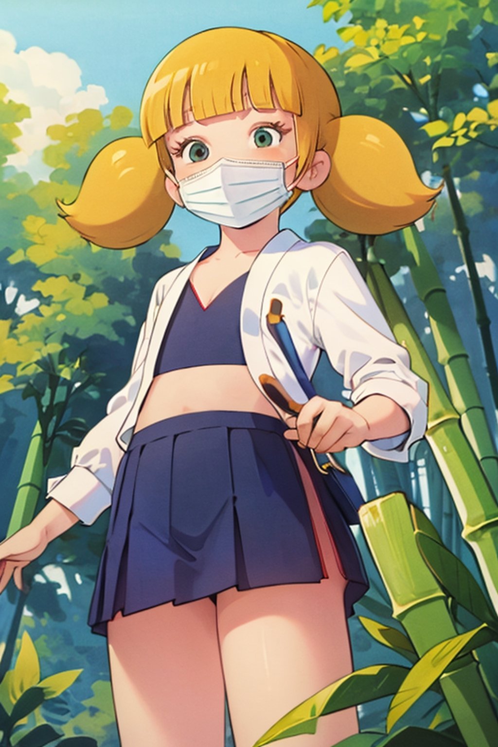 masterpiece, best quality, 1girl, penny, blonde hair, twintails, blunt bangs, flat chest, from below, lora:Penny:1, no clothes, mask, kunoichi, bamboo forrest